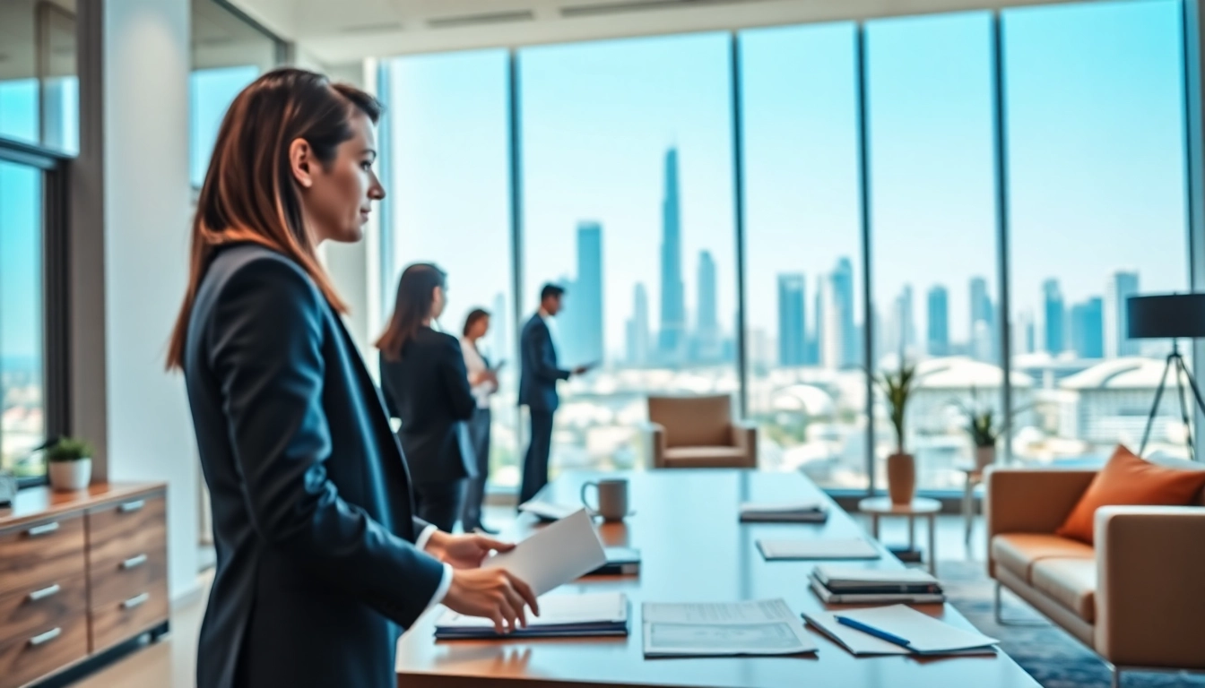 Show a busy consultant delivering QSM document clearing services in a modern office setting.