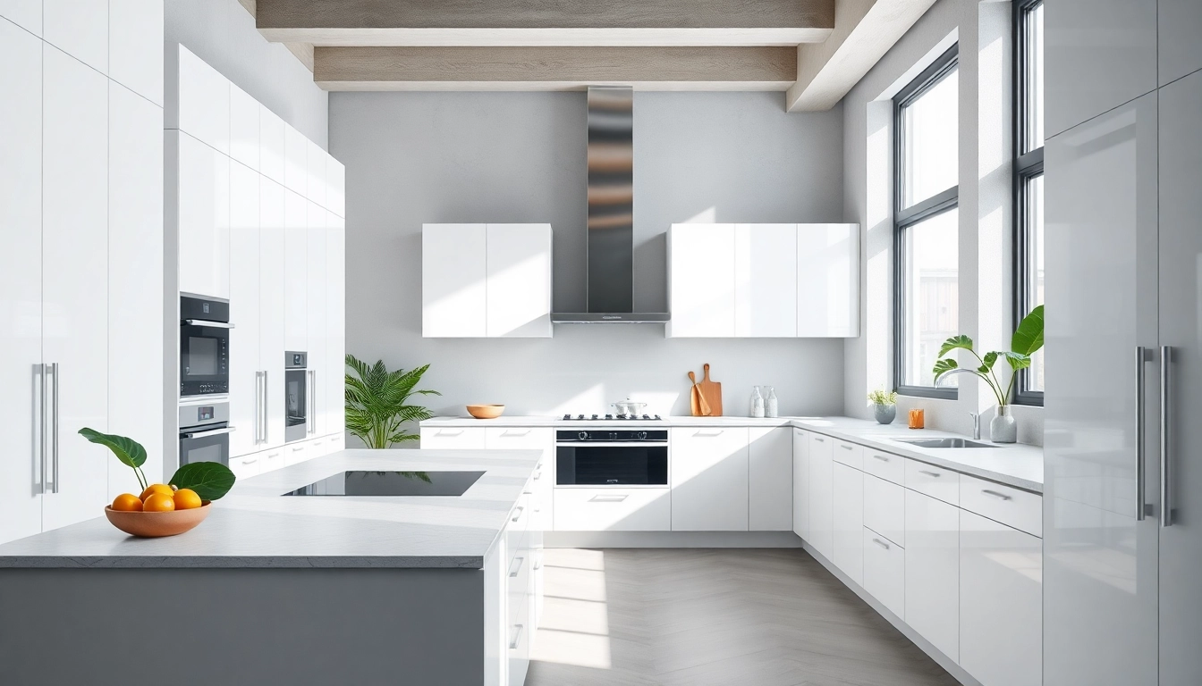 Modern kitchen featuring contemporary white kitchen cabinets with sleek designs and bright atmosphere.