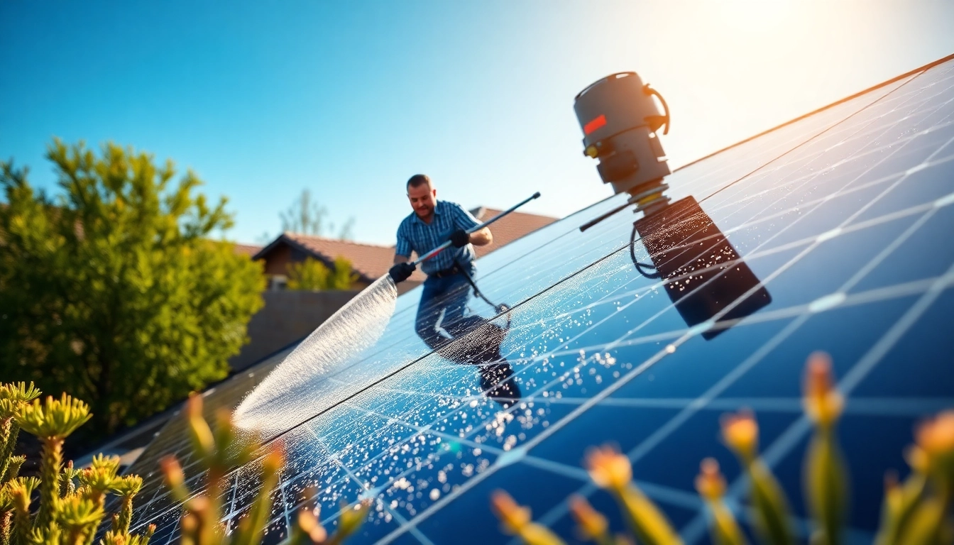 Solar panel cleaning near me Phoenix with a technician efficiently cleaning solar panels in a sunny Arizona backyard.