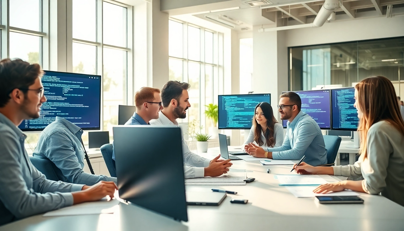 Developers actively collaborating on software development projects in a modern workspace.
