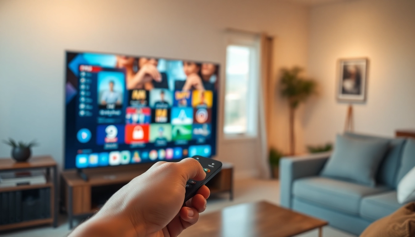 Comprar IPTV en una configuración de streaming profesional en casa, mostrando una TV inteligente.