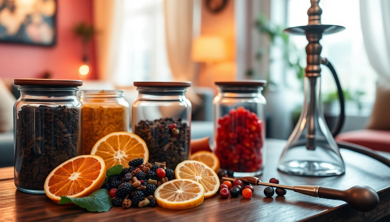 Explore shisha hookah flavors and colorful tobacco blends arranged on a wooden table.