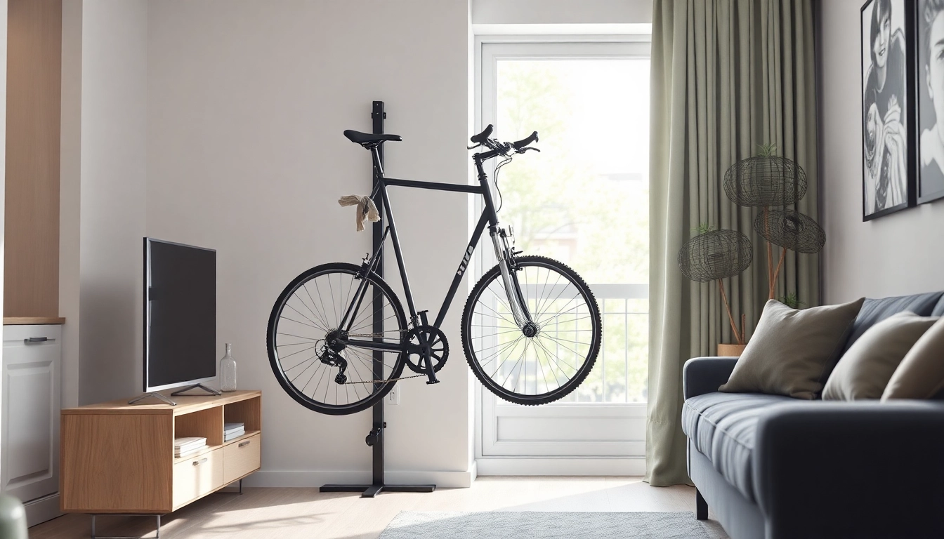 Space-saving bike rack displaying a bicycle in a stylish urban apartment with natural light.