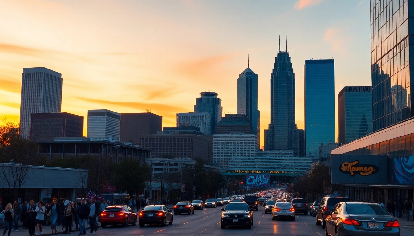 Explore the vibrant skyline of Charlotte NC during sunset, capturing city life and modern architecture.
