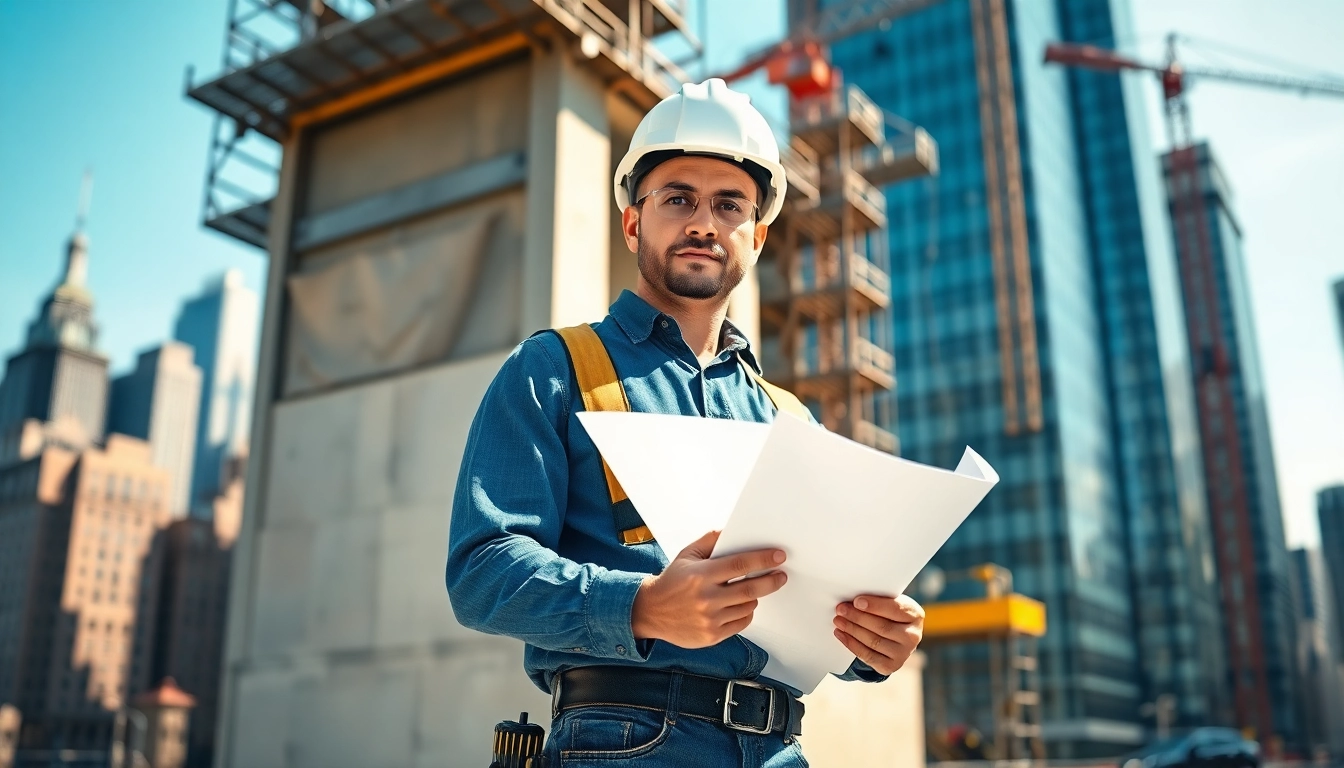 New York City General Contractor overseeing a high-rise renovation with blueprints in hand.
