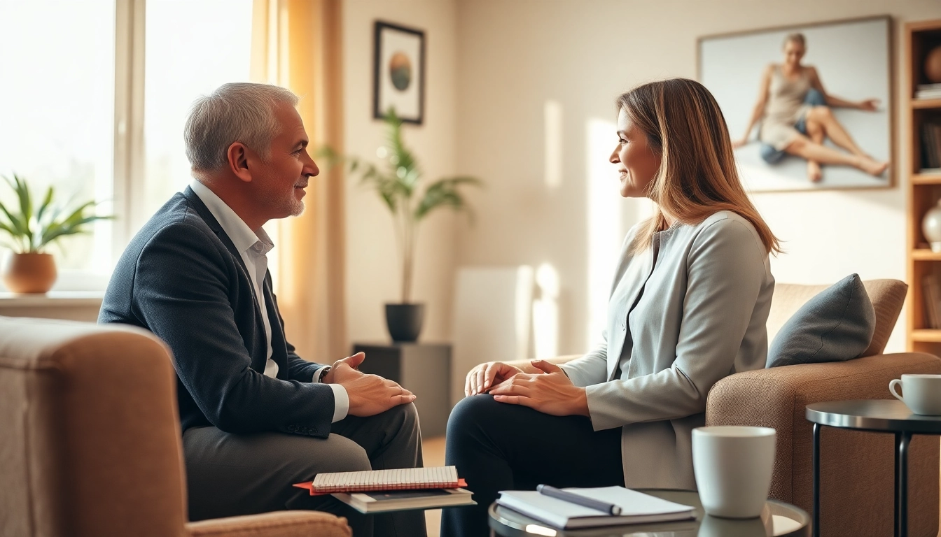 Counselling session showcasing a therapist and client engaged in dialogue in a cozy office.